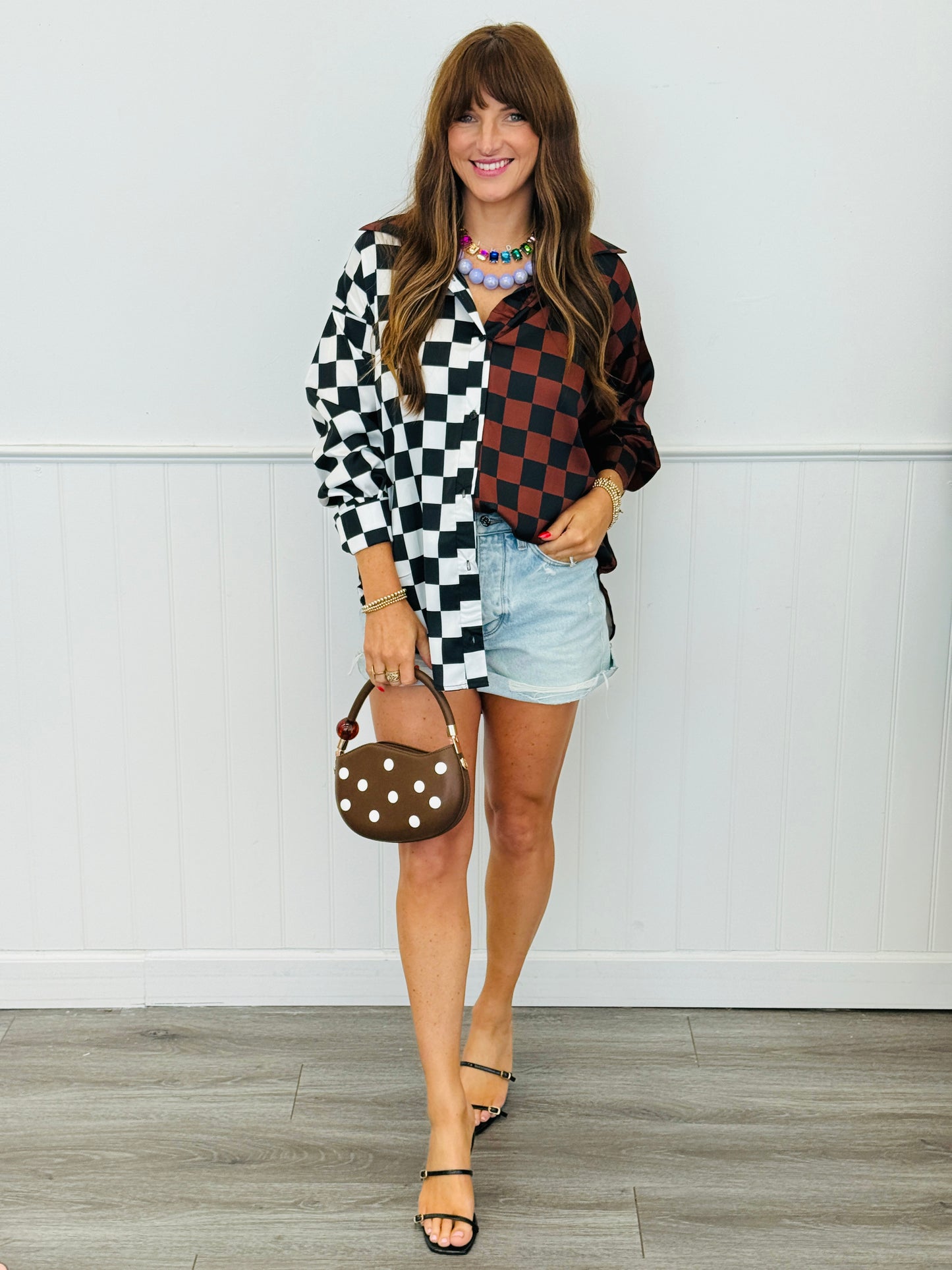 Mocha/Black Split Decision Checkered Blouse (Reg. and Plus)