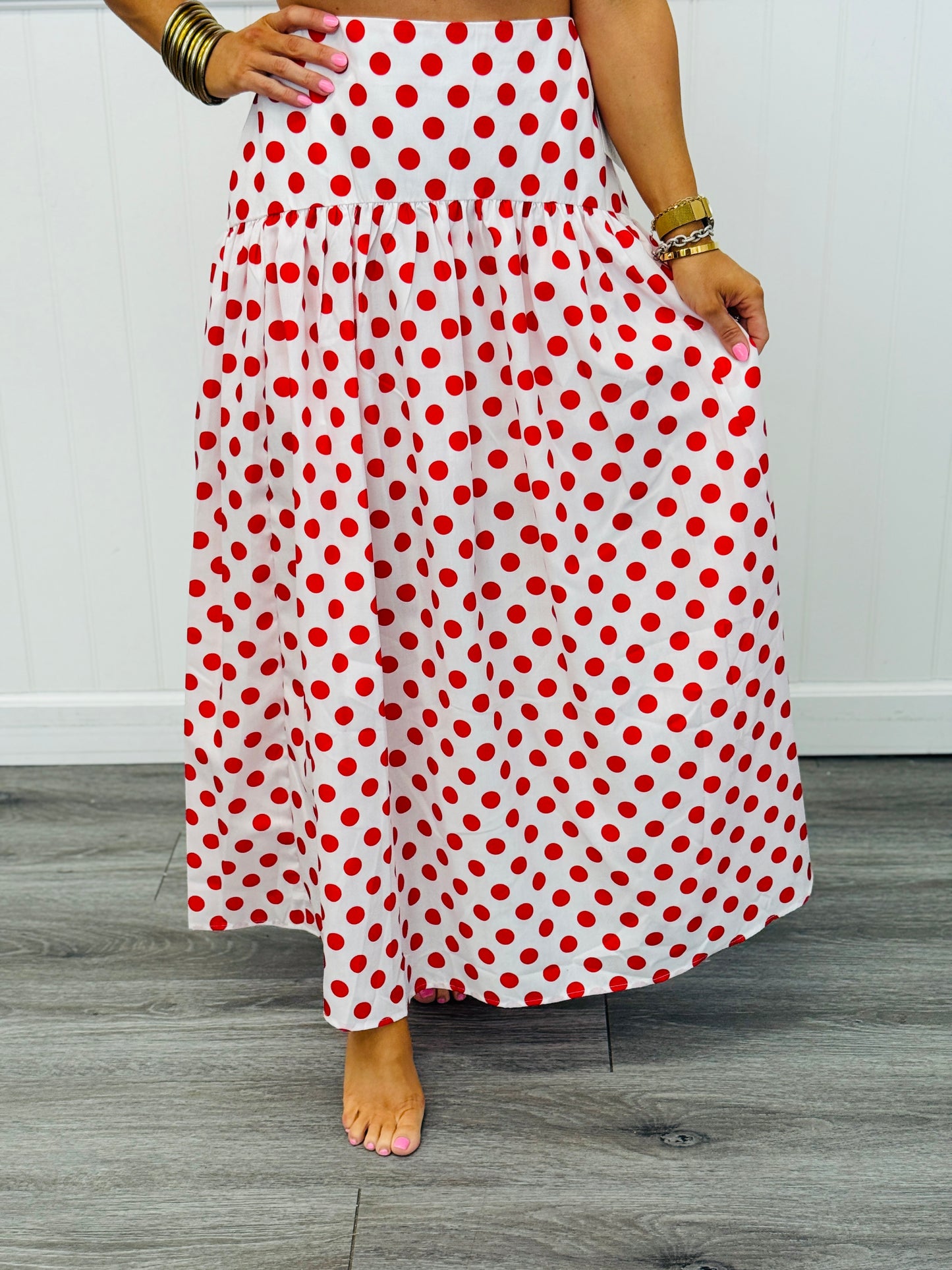 Ivory/Red Polka Dot Drop Waist Maxi Skirt (Reg.)