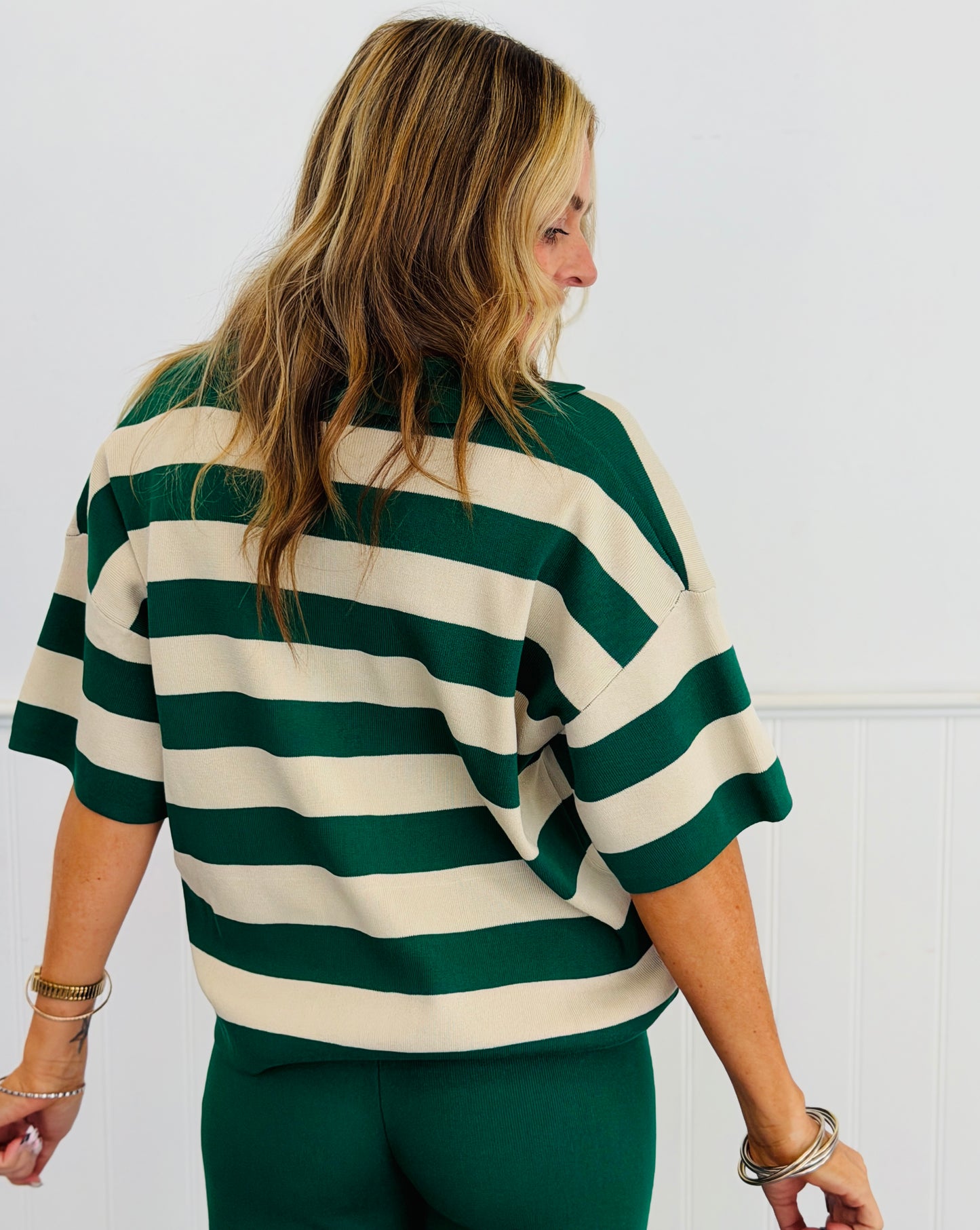 Hunter Green/Almond Stripe Top & Solid Pant Set (Reg.)