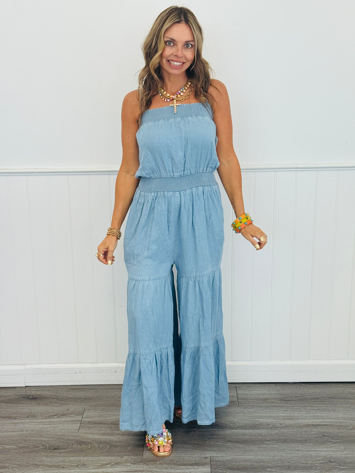 Denim Blue Smocked Wide Leg Jumpsuit (Reg. and Plus)