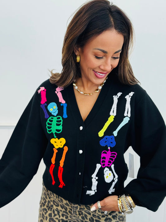 Queen Of Sparkles Black Rainbow Skeleton Button Up Cardigan (Reg. and Plus)