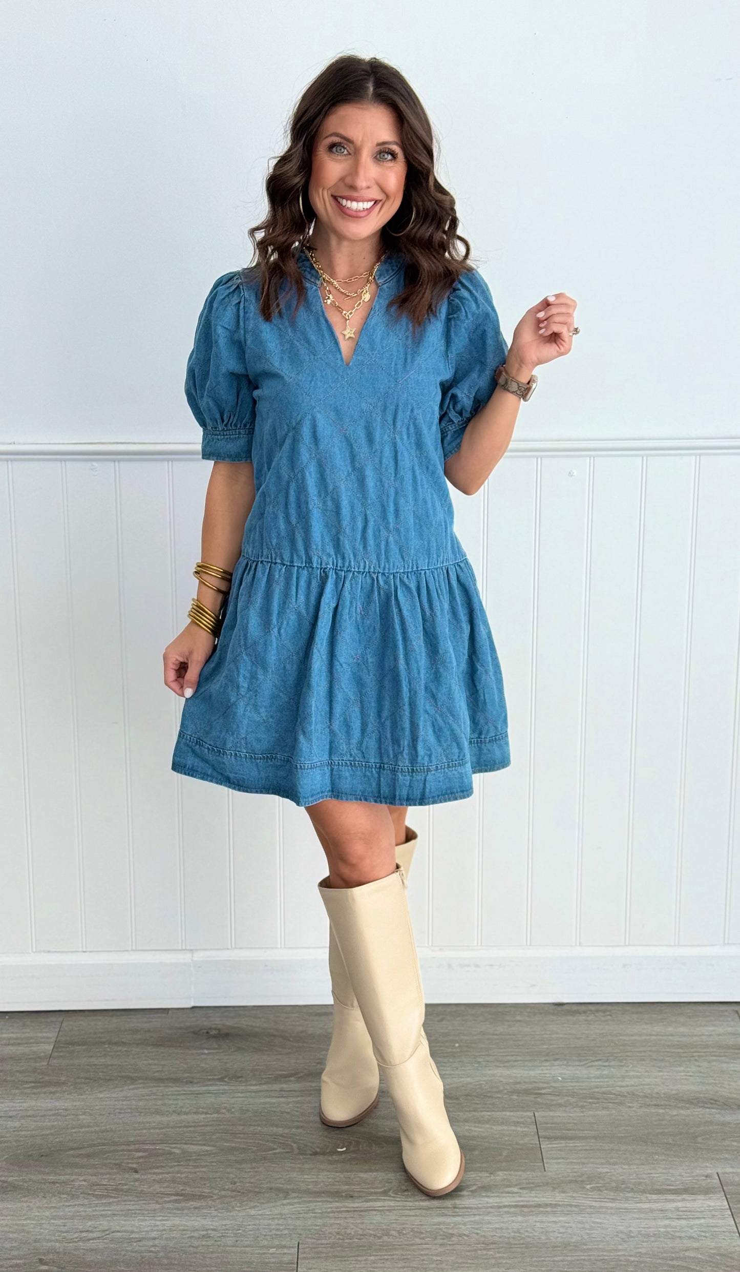 Denim Quilted Mini Dress (Reg)