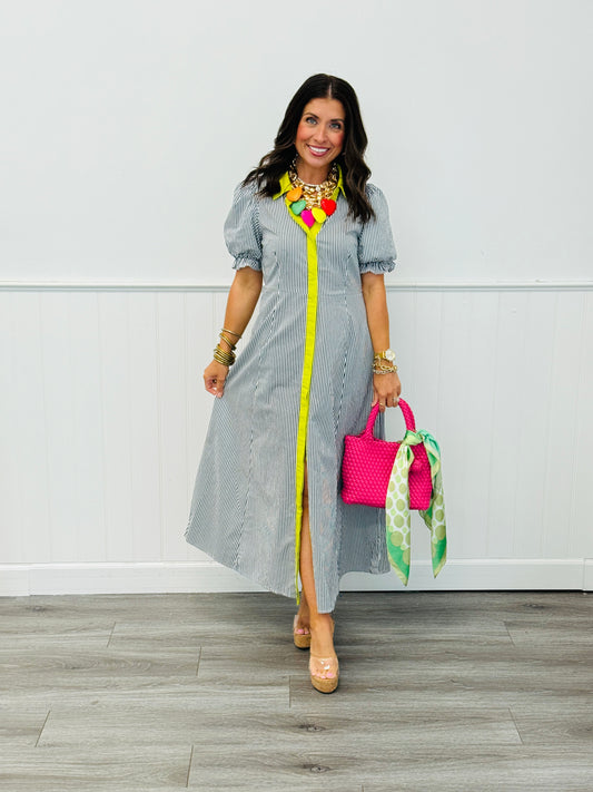 Navy Stripe Contrast Trim Midi Dress (Reg & Plus)