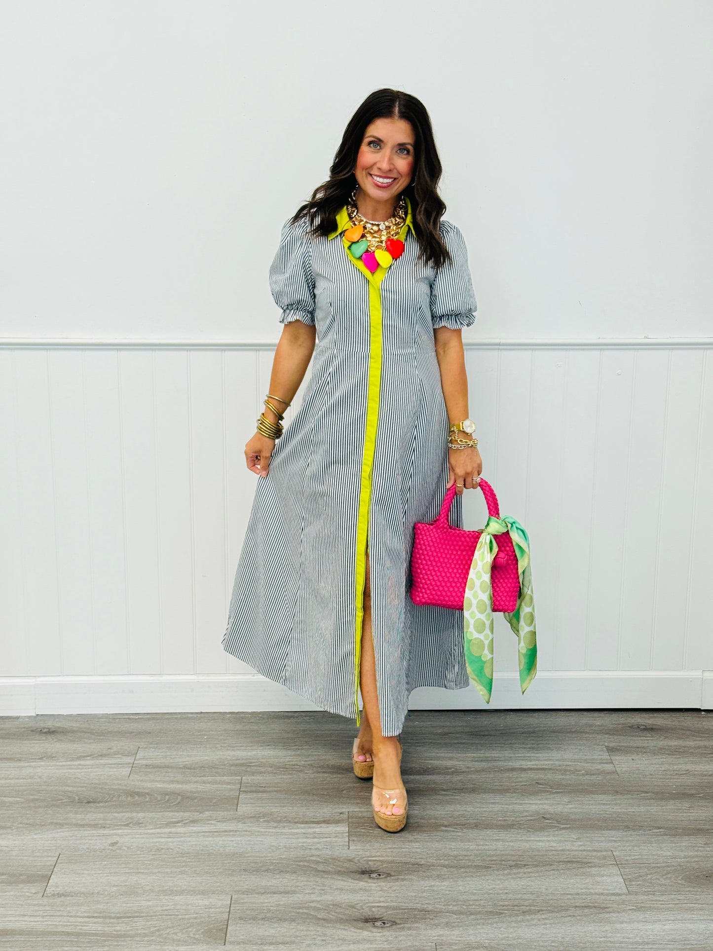 Navy Stripe Contrast Trim Midi Dress (Reg & Plus)