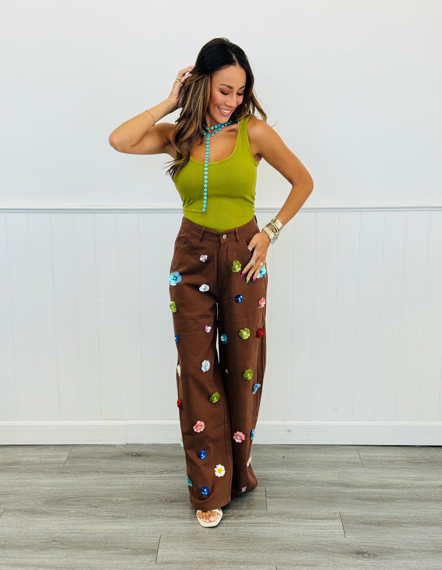 Queen Of Sparkles Brown Multi Sequin Flower Wide Leg Jeans (Reg. and Plus)
