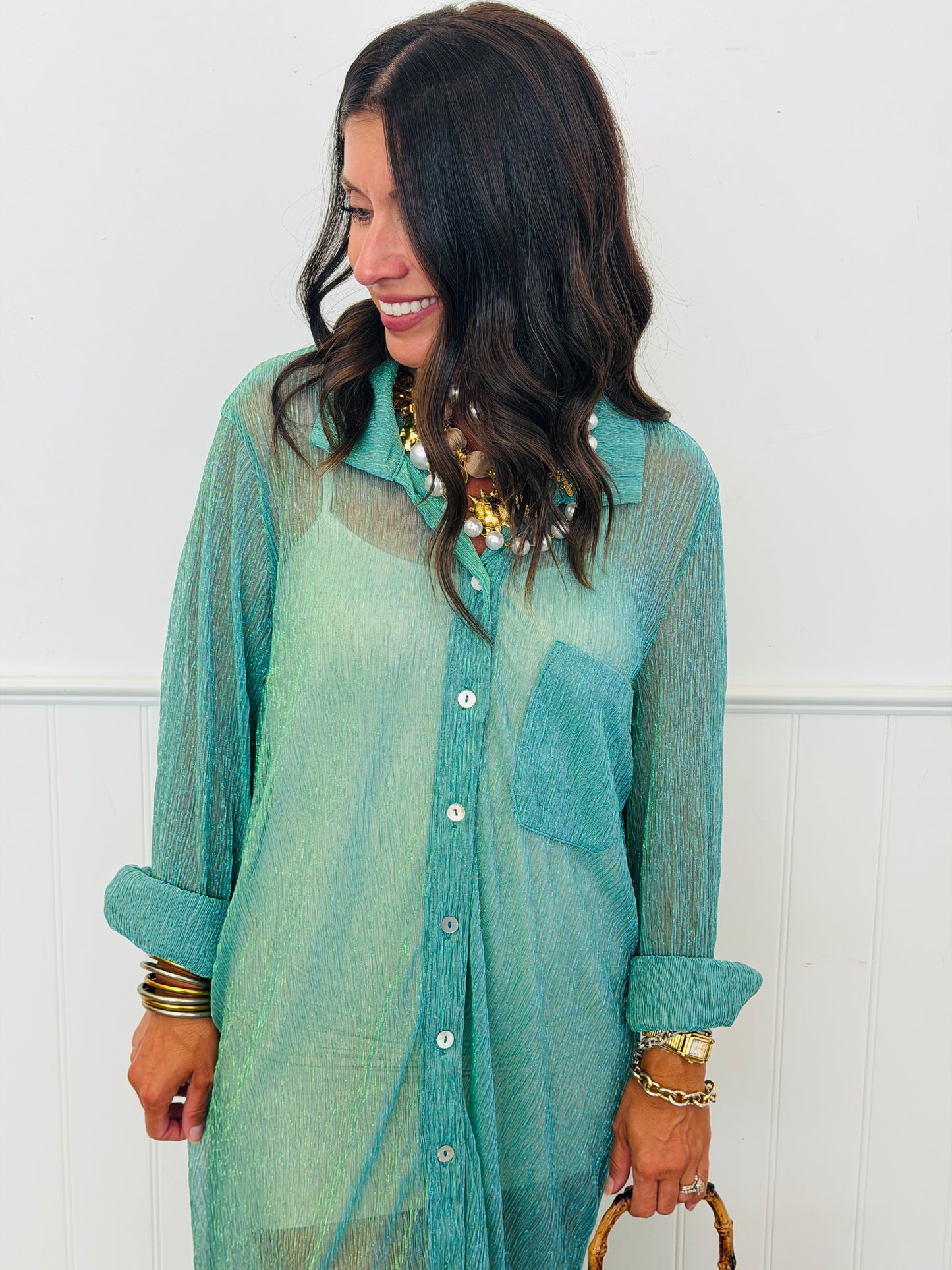 Blue/Yellow Shimmer Sheer Longline Top (Reg. and Plus)