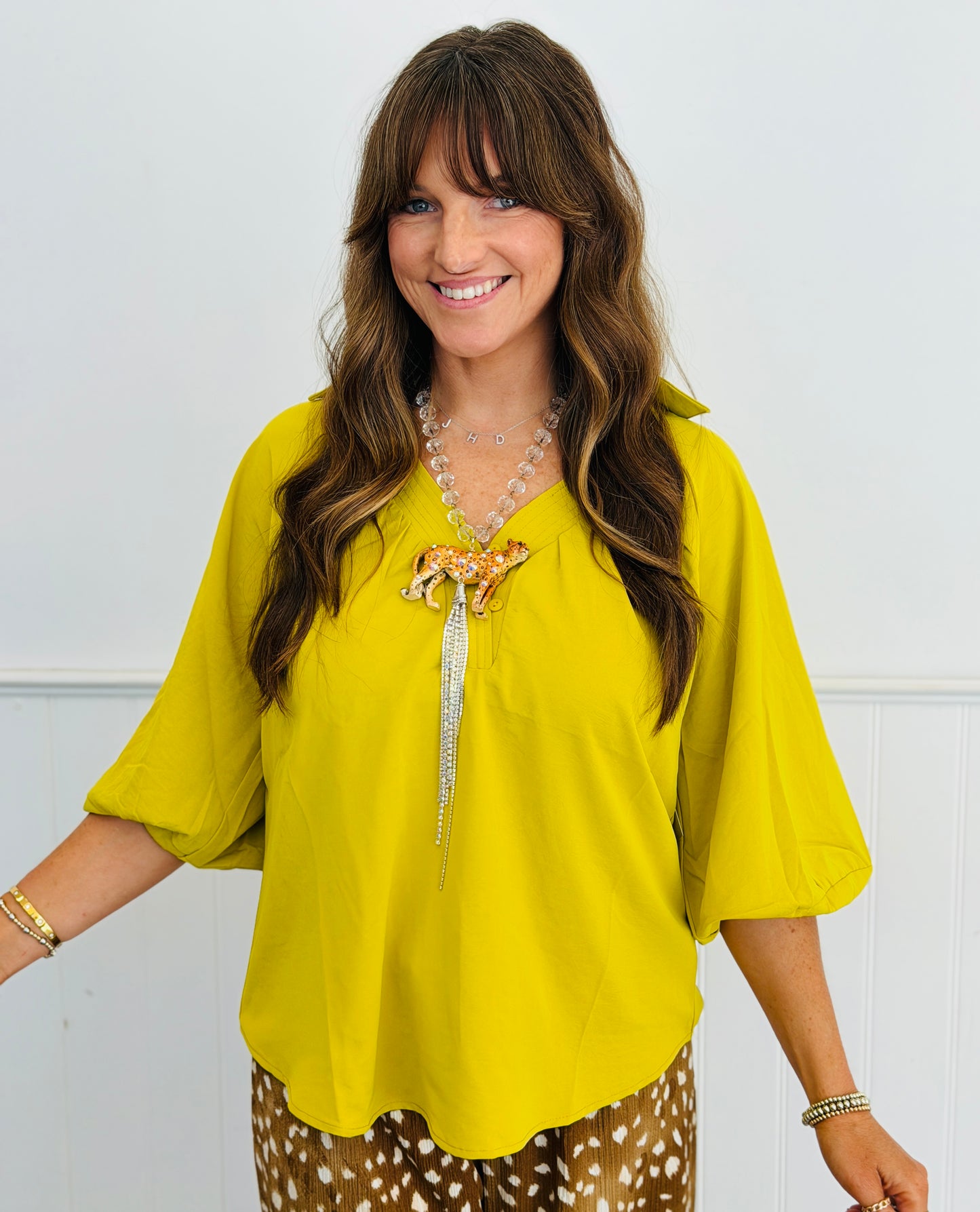 Chartreuse Relaxed Fit Blouse (Reg. and Plus)