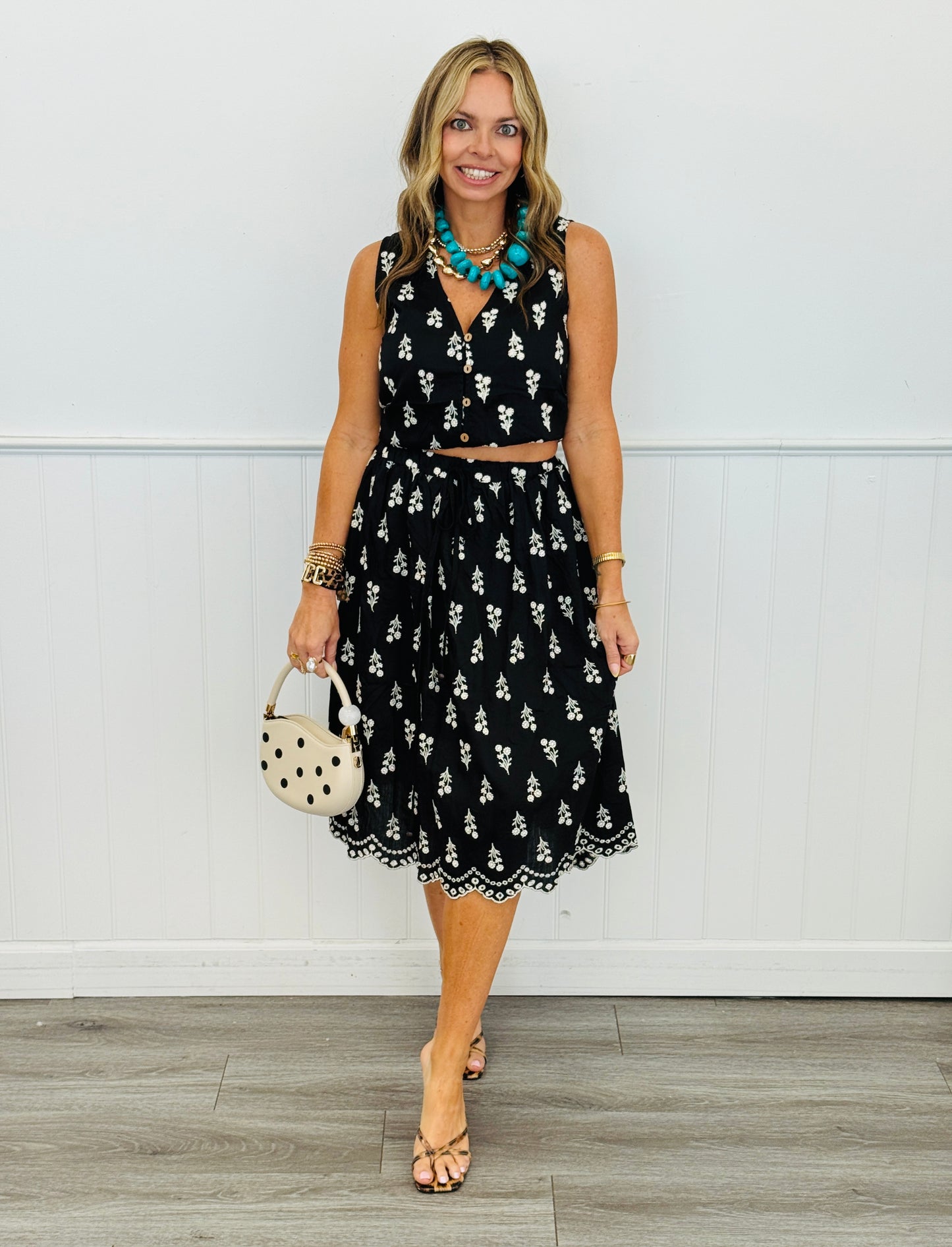 Black Floral Embroidered Top & Skirt Set (Reg. and Plus)