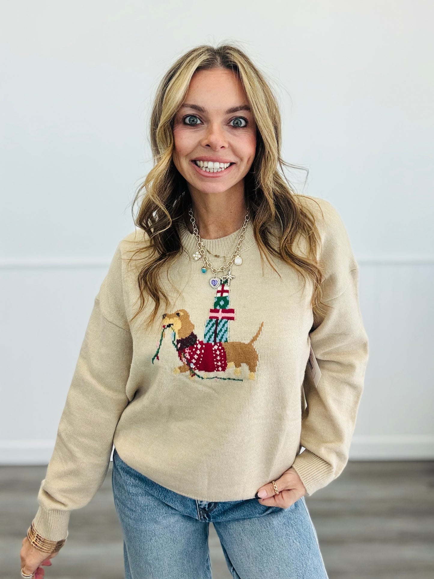 Taupe Dog Graphic Sweater Top (Reg.)