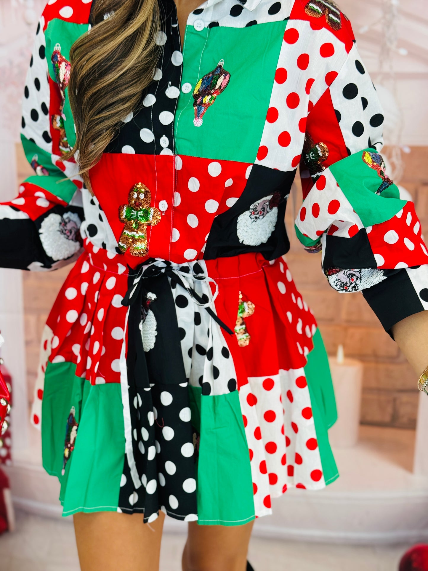 Queen Of Sparkles Colorblock Polka Dot Christmas Icon Mini Dress (Reg. & Plus)