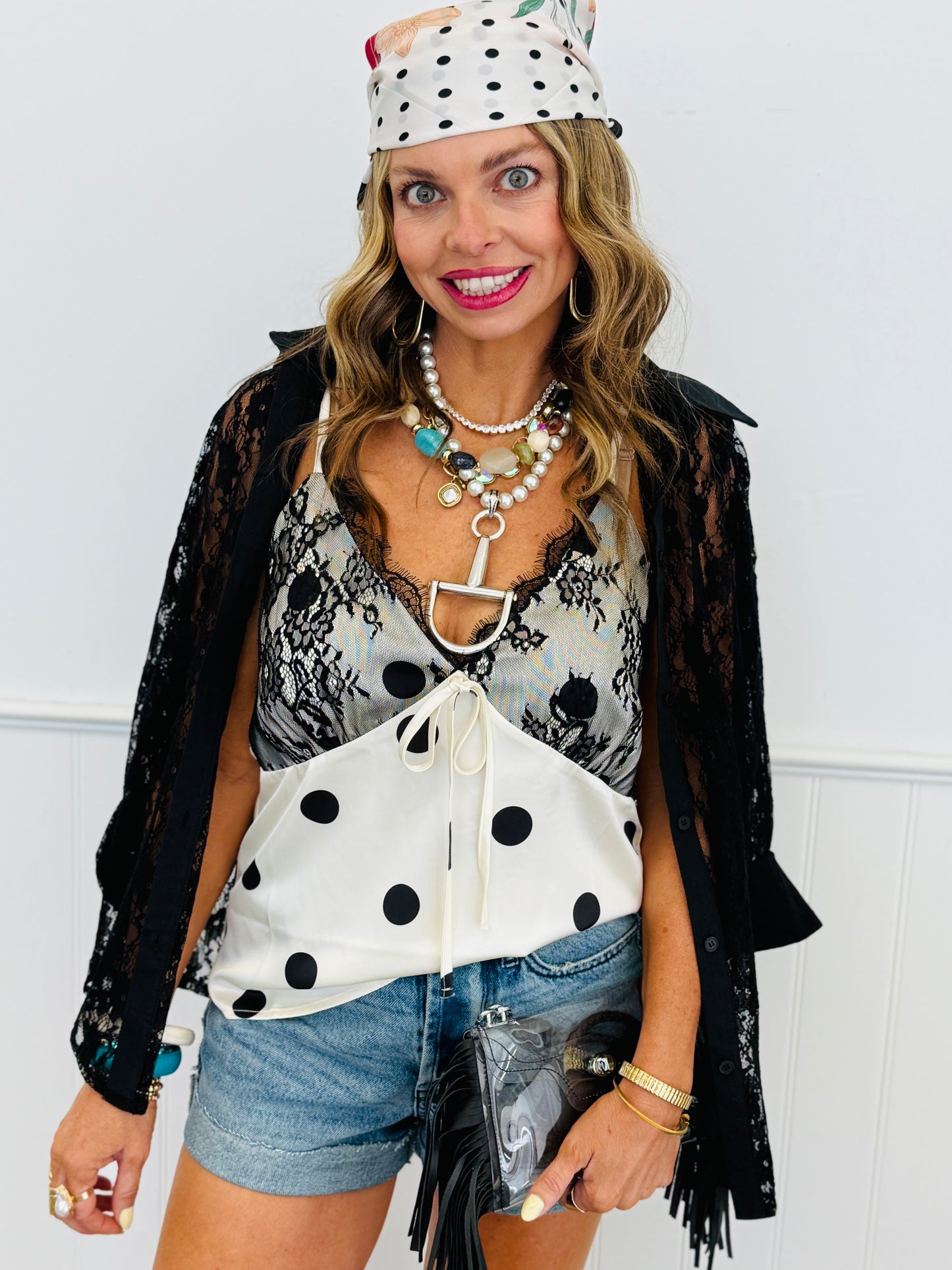 Ivory Satin & Lace Polka Dot Tank Top (Reg. and Plus)