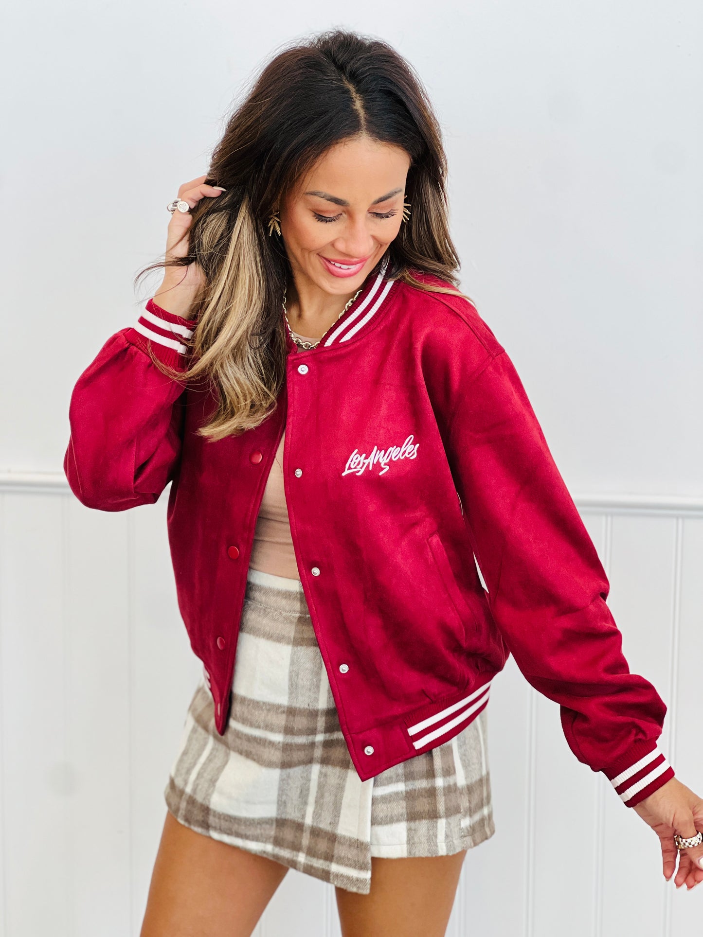 Embroidered Faux Suede Varsity Jacket  (Reg & Plus)-3 Colors