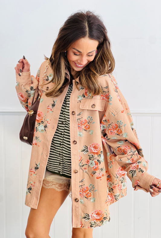 Vintage Latte Floral Printed Shacket (Reg. and Plus)