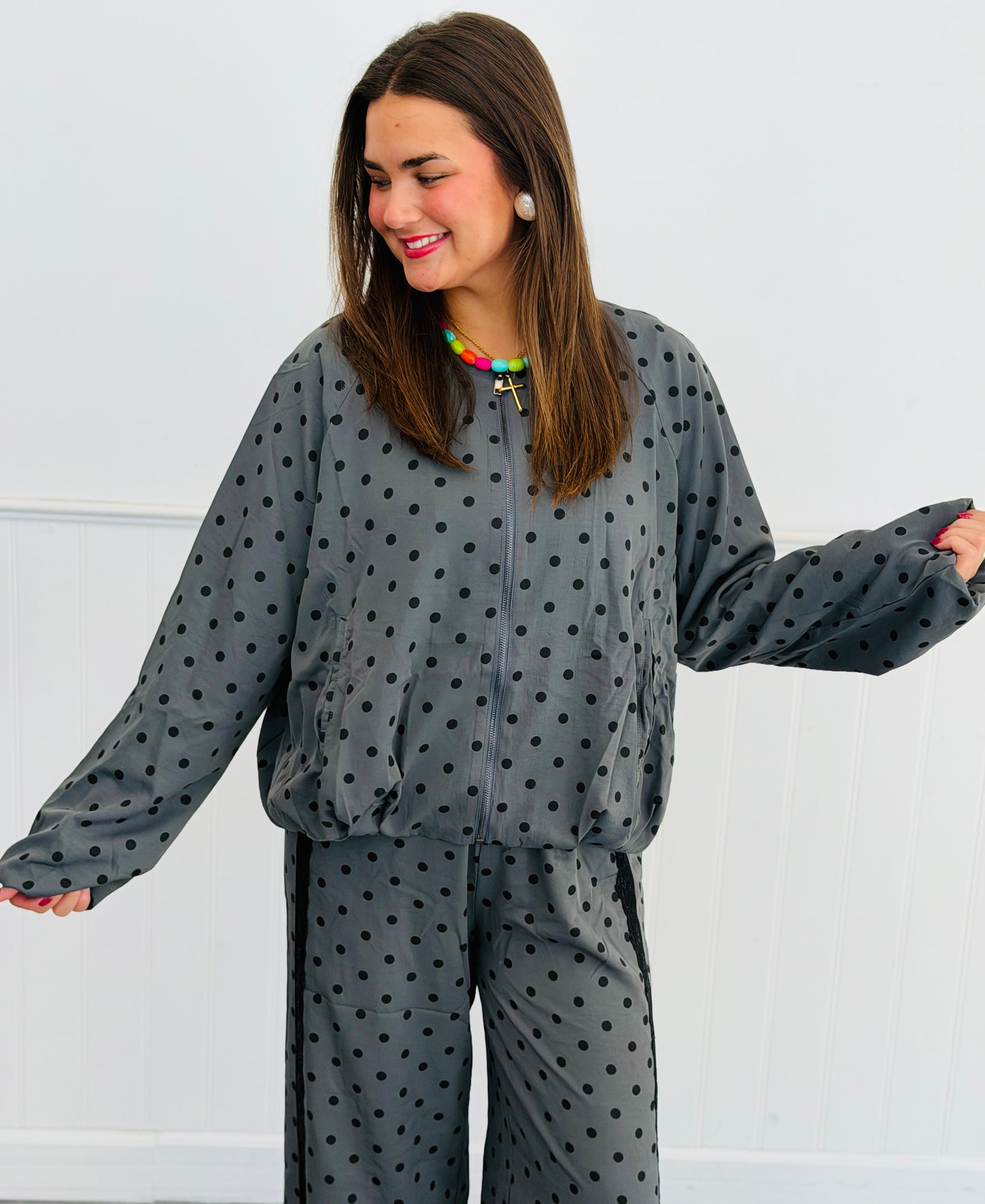 Charcoal Polka Dot Zip Up Bomber Jacket (Reg & Plus)