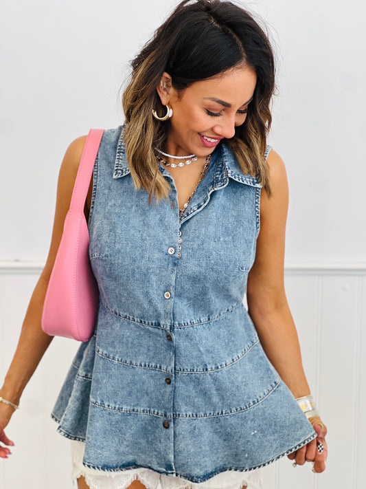 Denim Collared Button Up Top (Reg.)