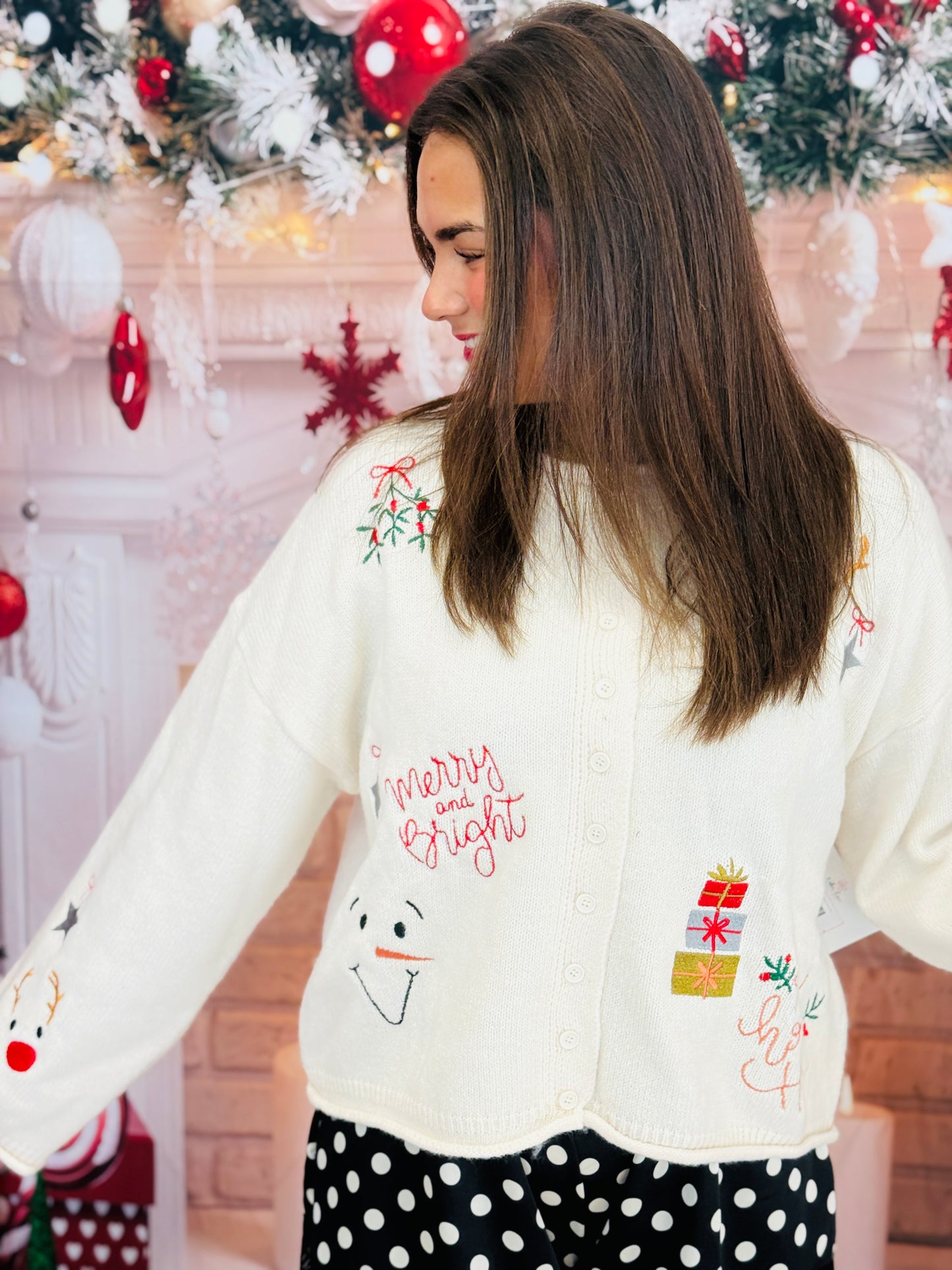 Ivory Embroidered Holiday Button Down Cardigan (Reg.)