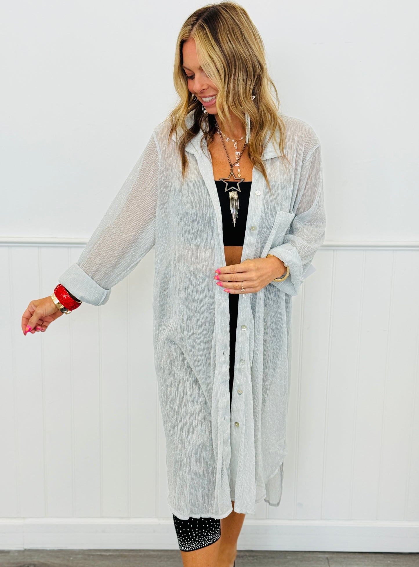 Silver Shimmer Sheer Longline Top (Reg. and Plus)