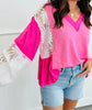 POL Candy Pink Floral Lace Detail V-Neck Top (Reg.)