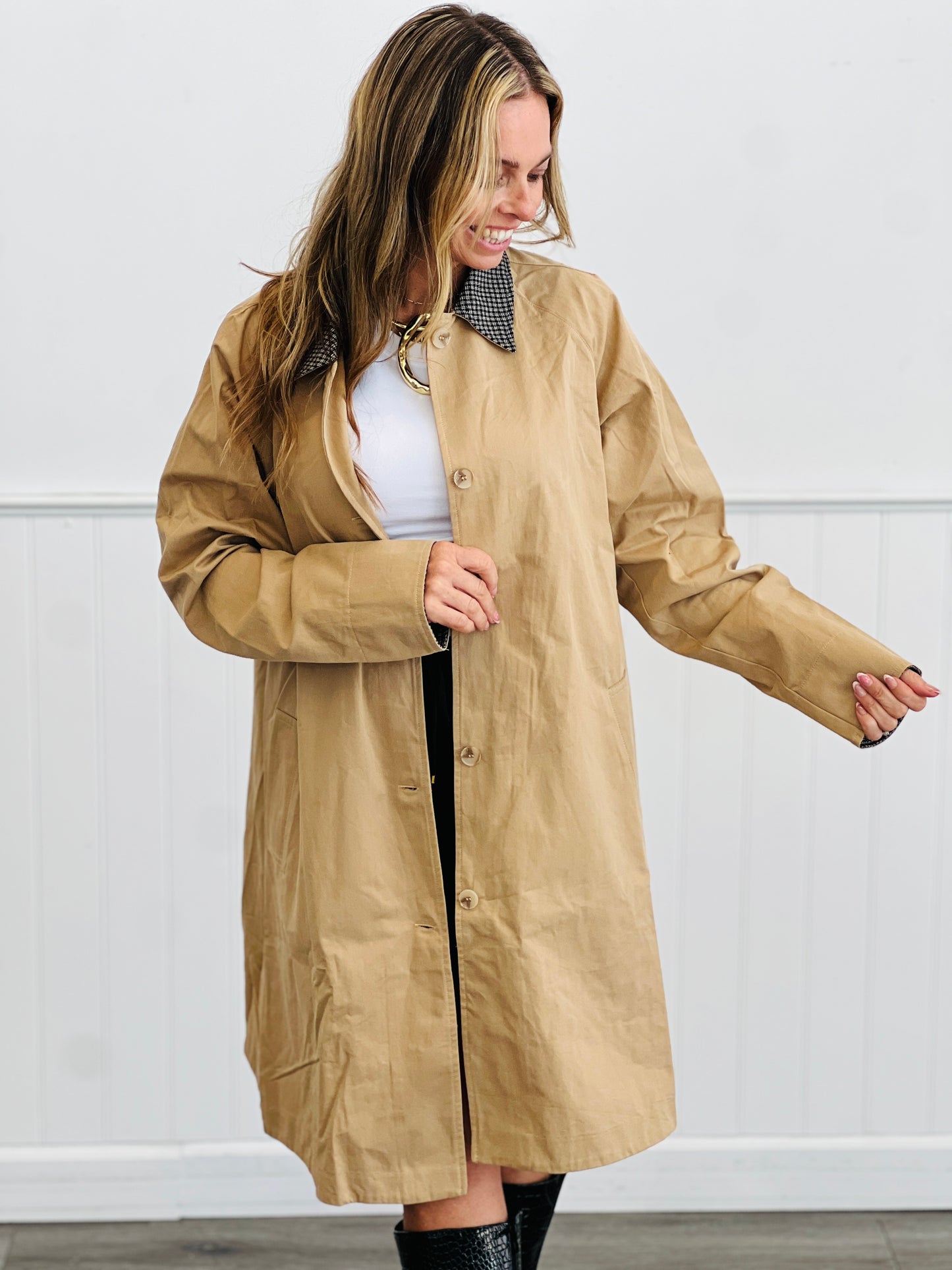 Tan/Black Long Sleeve Trench Coat (Reg.)