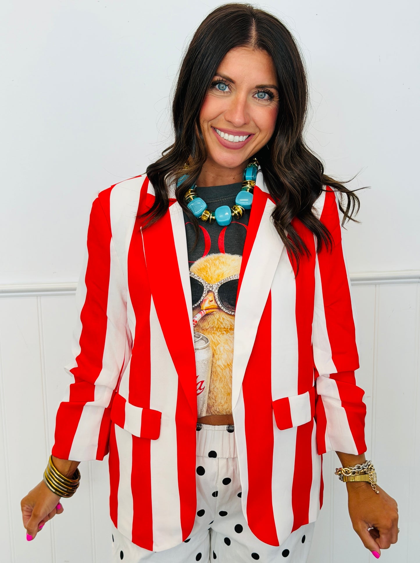 Red White Vertical Stripe Relaxed Blazer (Reg. & Plus)