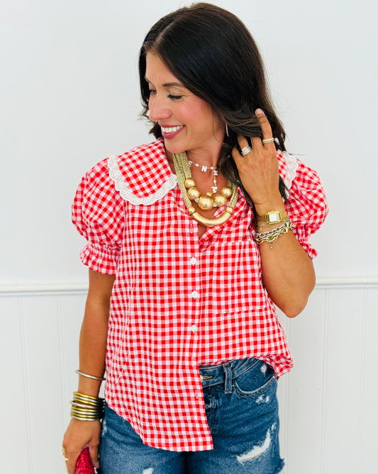 Gingham Lace Trim Button Down Blouse (Reg. and Plus)