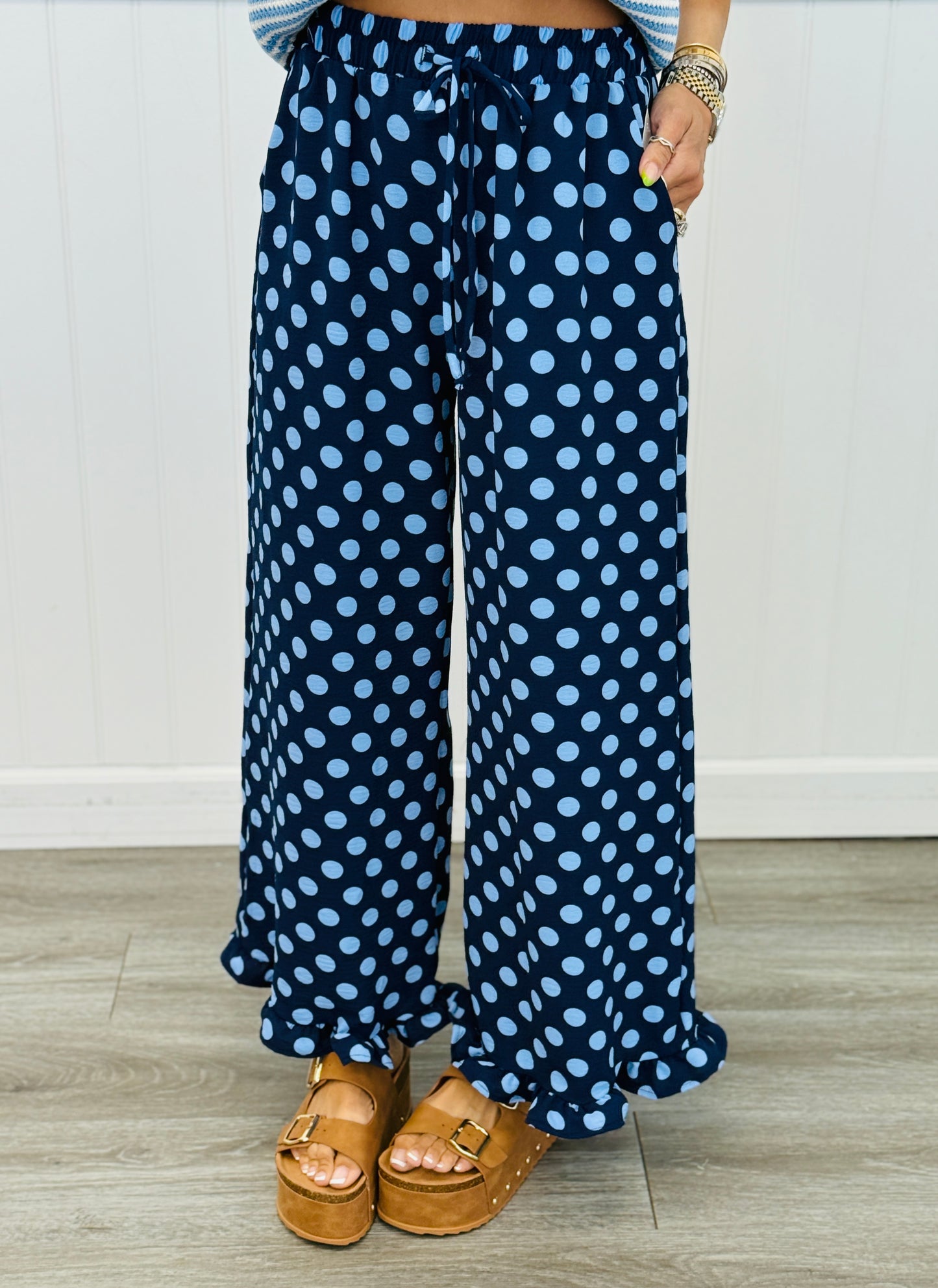 Navy/Blue Polka Dot Ruffle Hem Pants (Reg. and Plus)