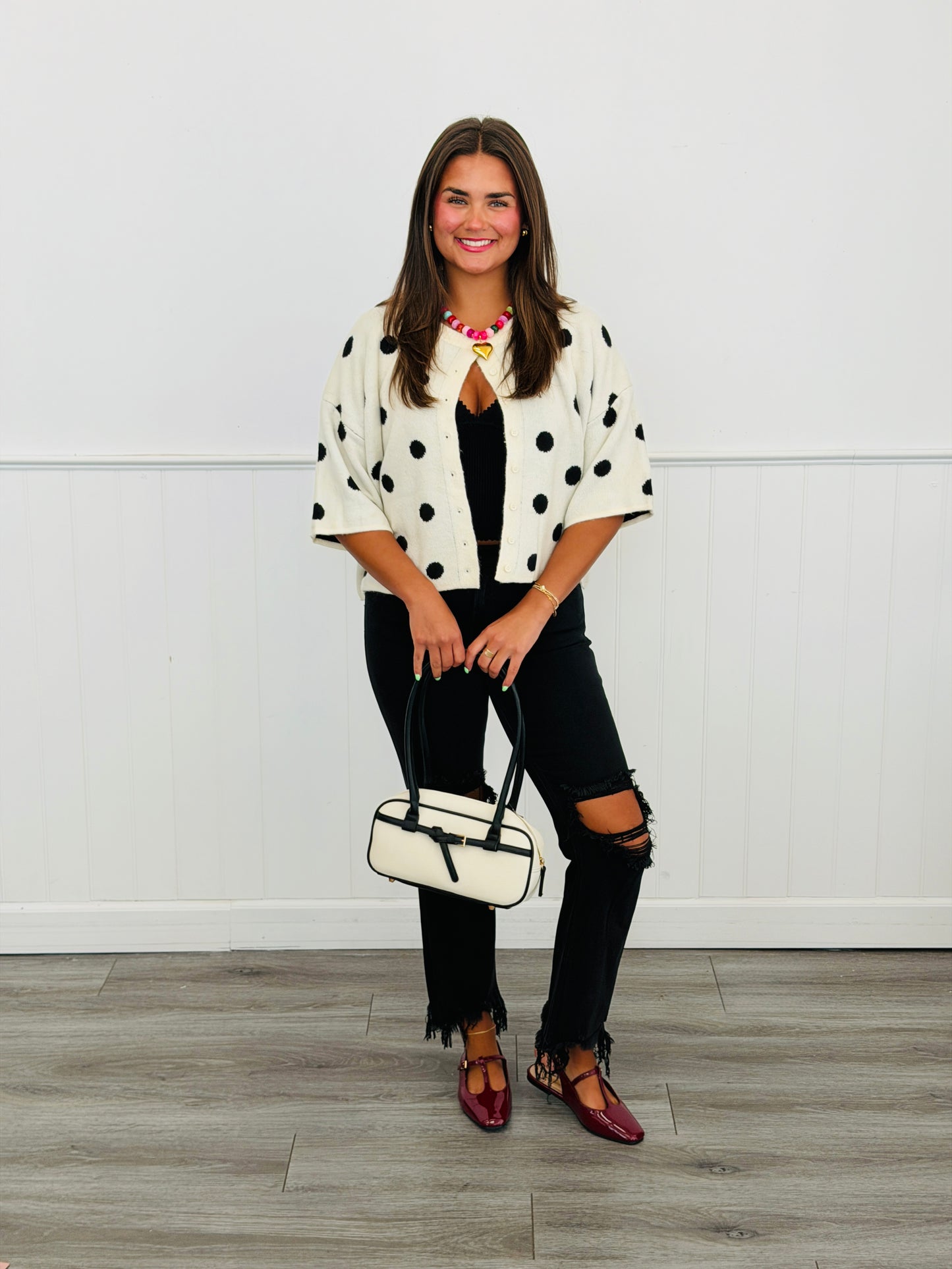 Cream/Black Polka Dot Short Sleeve Cardigan (Reg and Plus)
