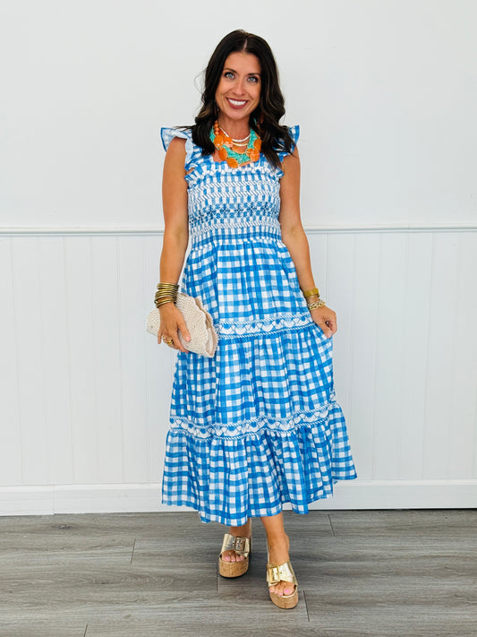 Blue/Ivory Gingham Midi Dress (Reg & Plus)