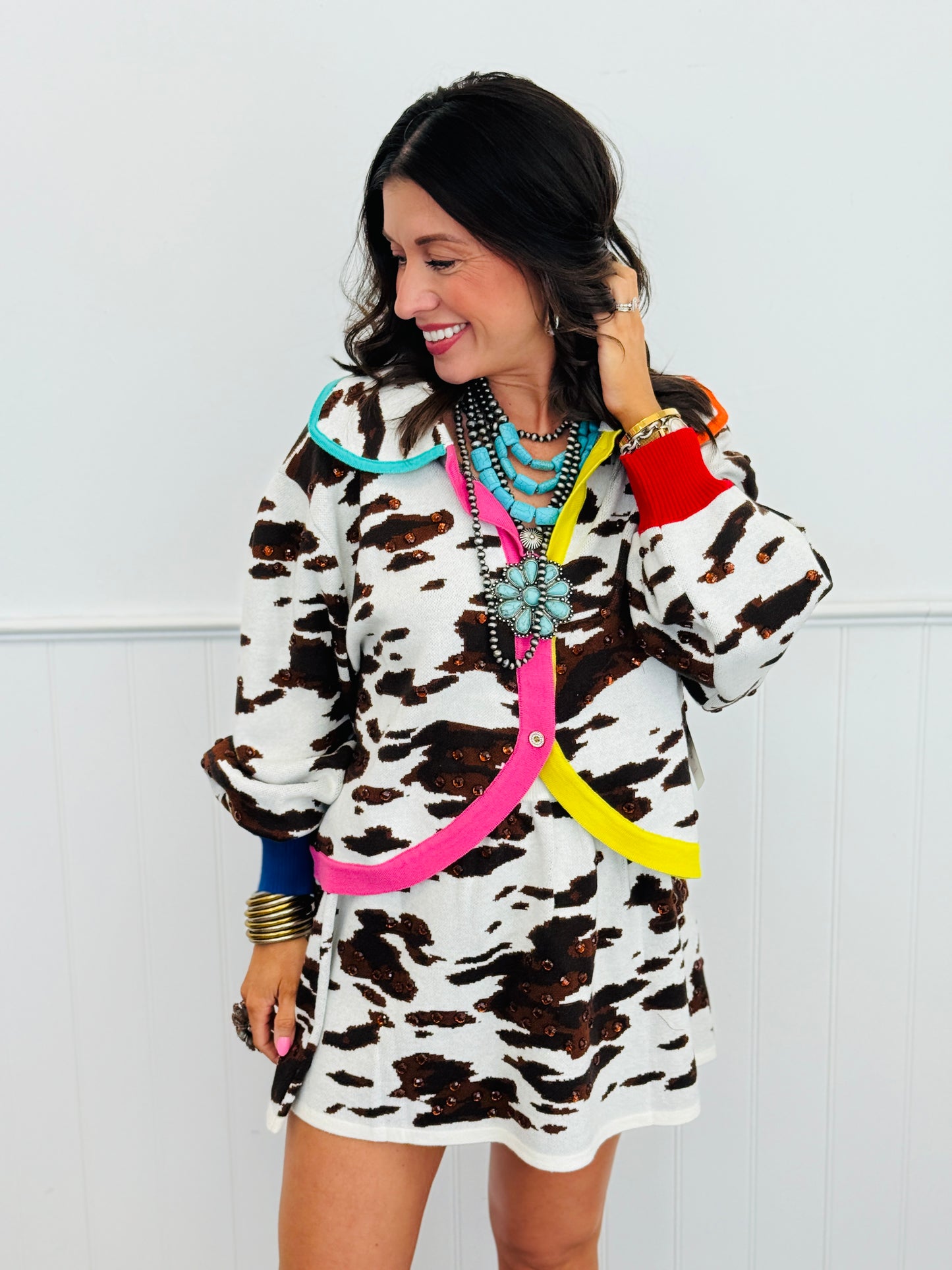 Queen Of Sparkles White & Brown Cow Print Cardigan (Reg. & Plus)