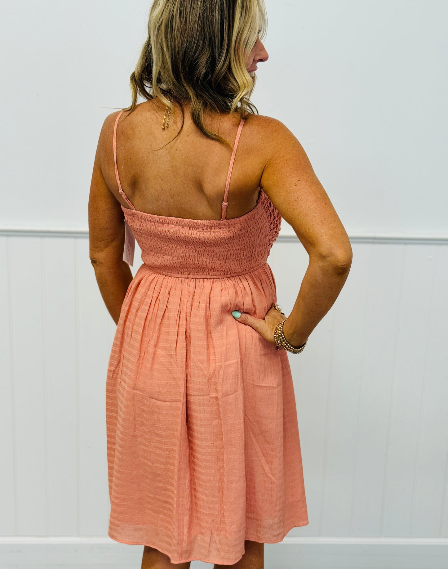 Dusty Salmon Popcorn Smocked Mini Dress (Reg.)