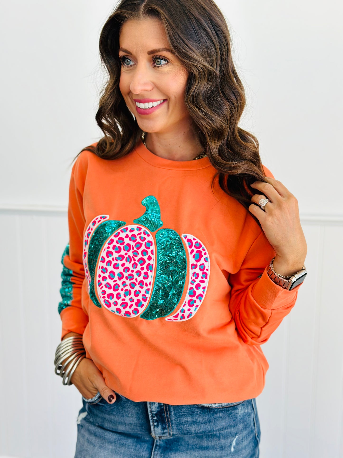 Orange Pumpkin Sequin Long Sleeve Top (Reg. & Plus)