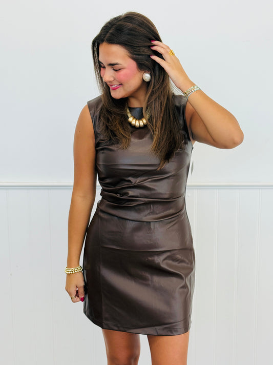 Brown Faux Leather Back Zip Mini Dress (Reg.)