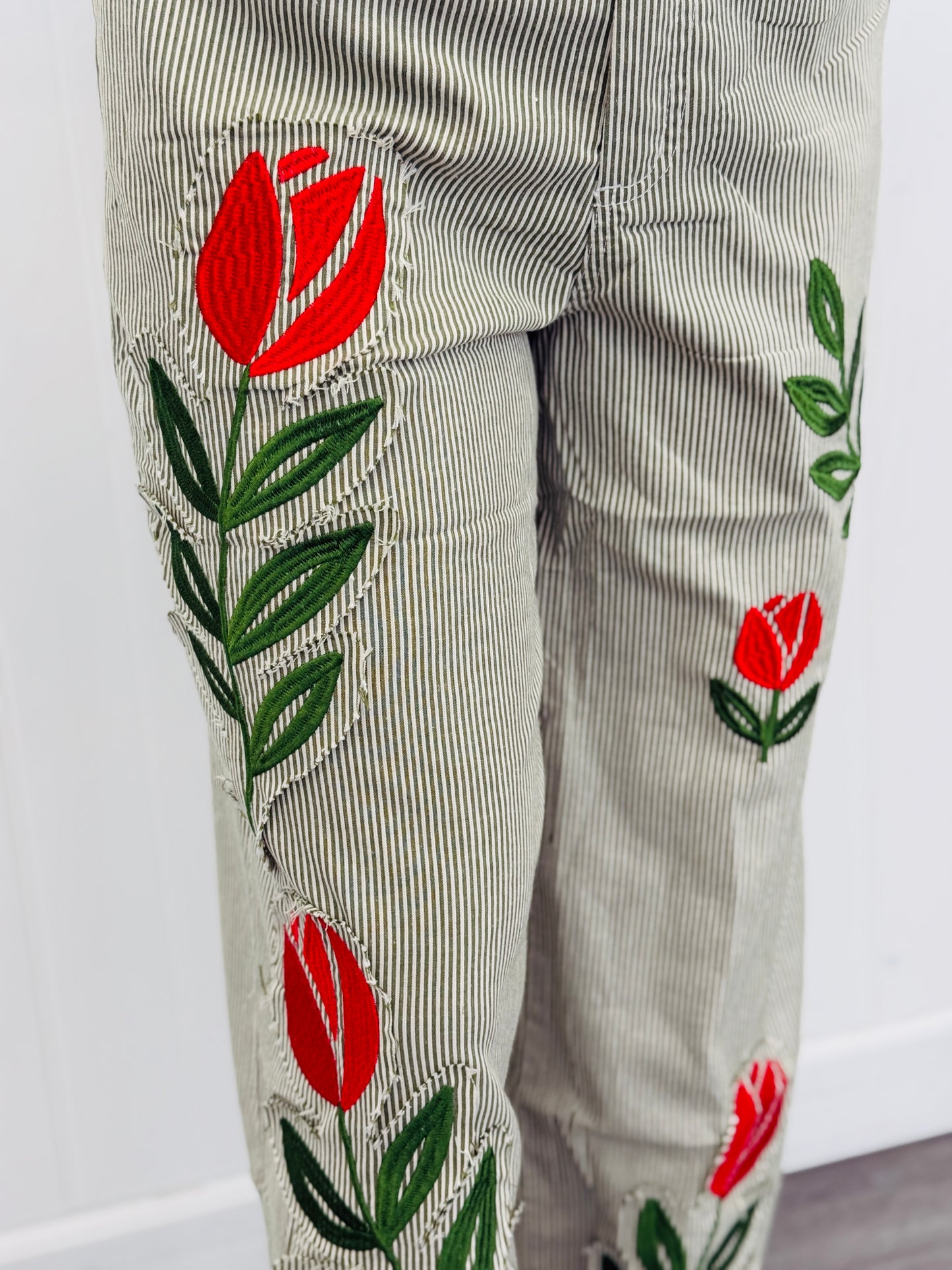 Striped Floral Embroidered Pants (Reg. and Plus) - 2 Colors