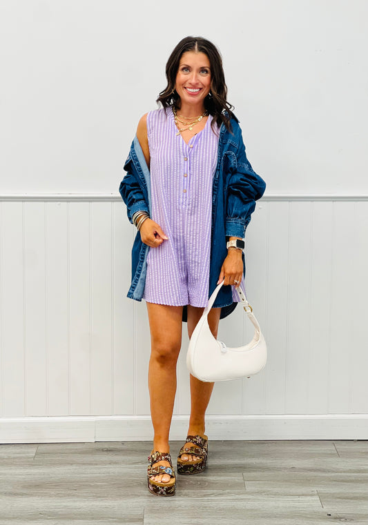 Lavender Striped Seersucker Romper (Reg)