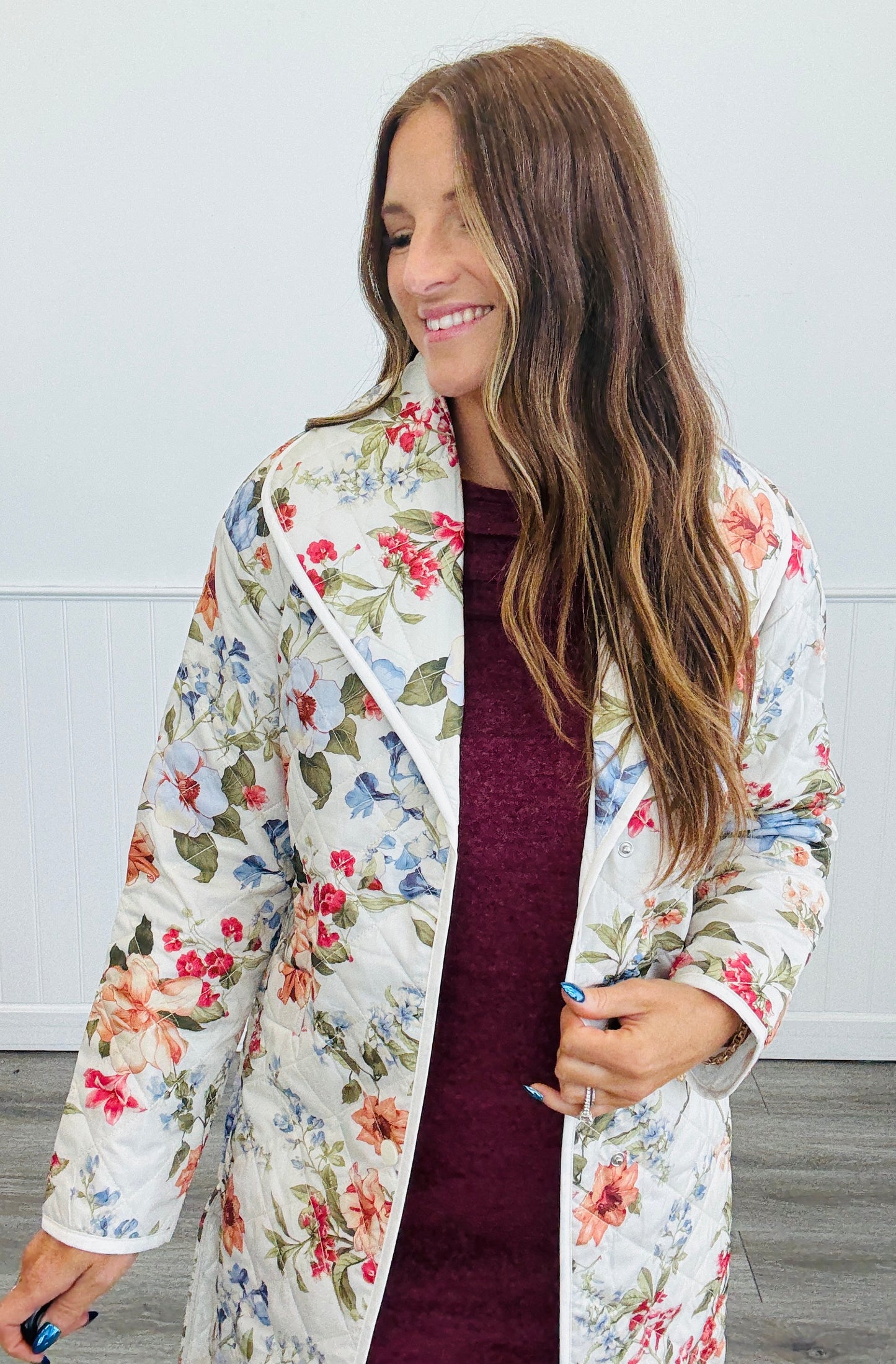 Floral Print Quilted Belted Coat (Reg. and Plus)