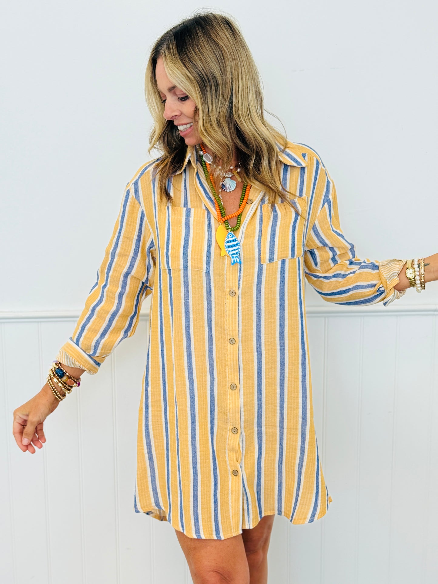 Striped Button Down High Low Shirt Dress (Reg. and Plus)
