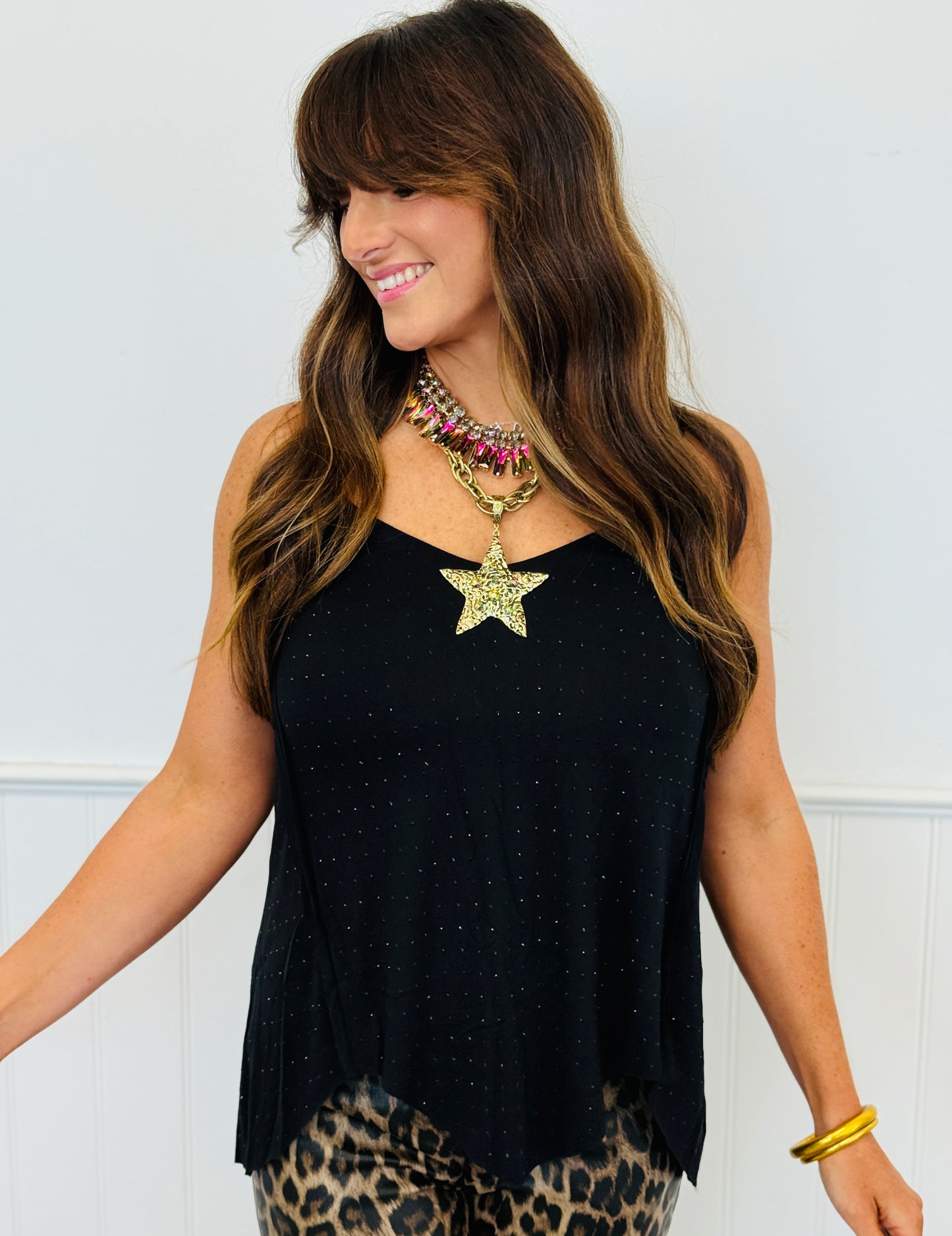 Black Rhinestone V- Neck Double Strap Blouse (Reg.)