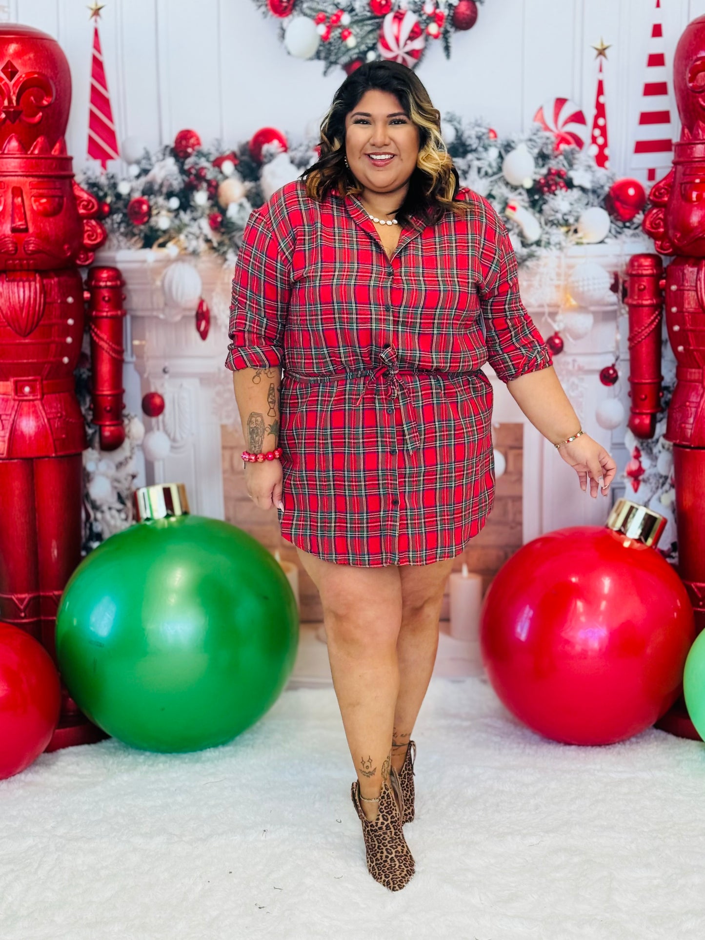 Red Flannel Button Up Mini Dress (Reg. and Plus)