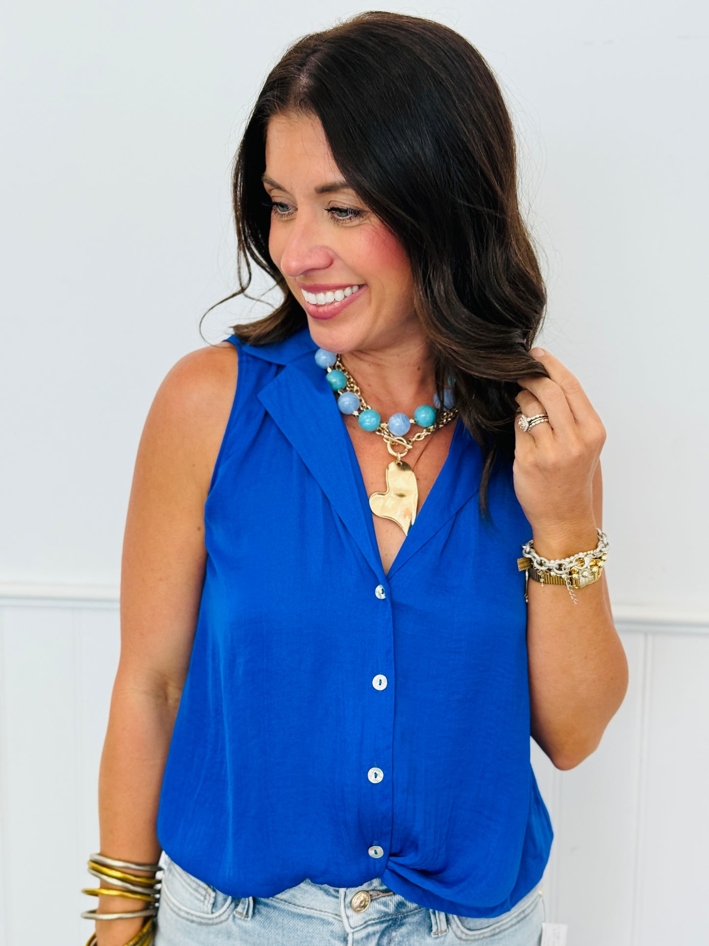 Knotted Collared Sleeveless Top (Reg.)-5 Colors