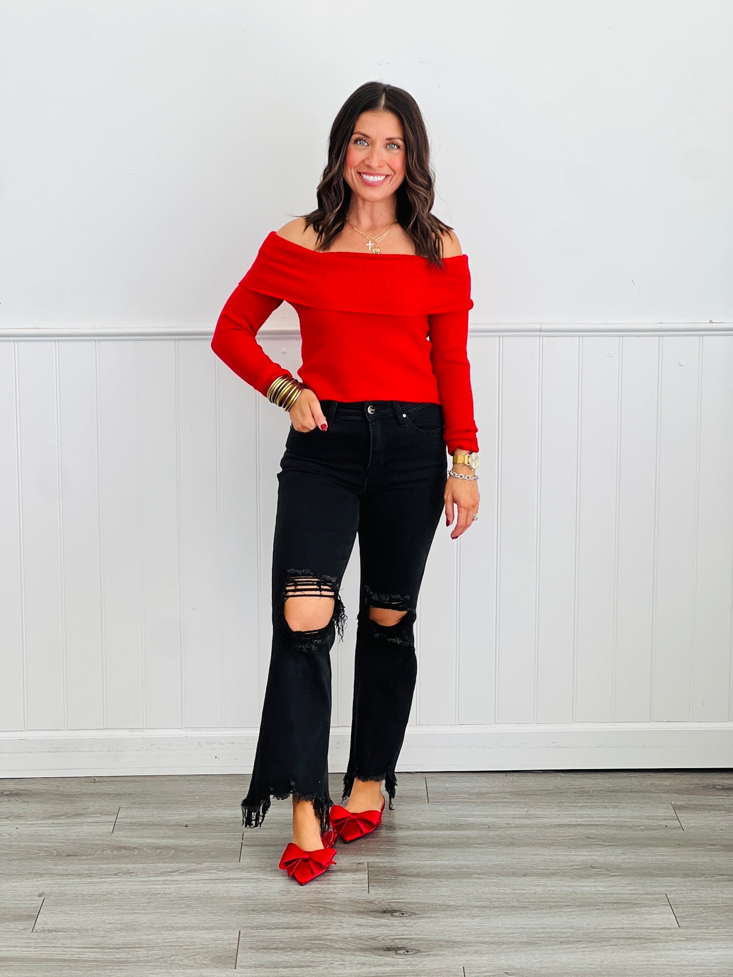 Off Shoulder Knit Long Sleeve Top (Reg.) - 2 Colors