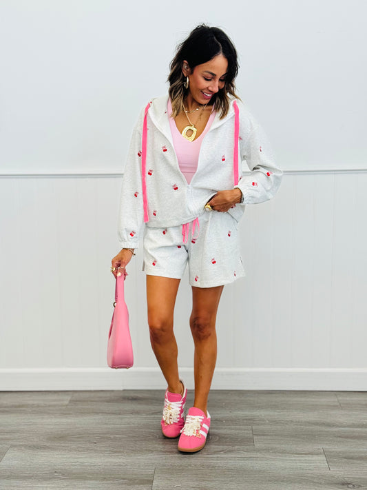 Grey Ribbon Cherries Hoodie Jacket & Shorts Set (Reg & Plus)