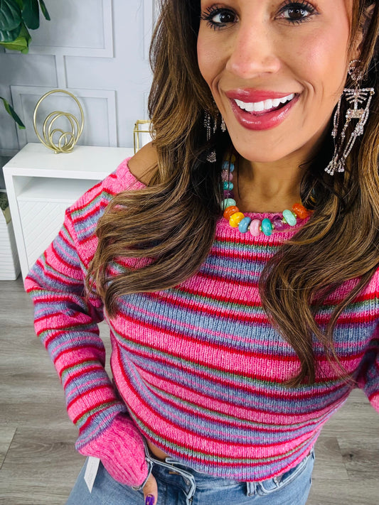 Pink/Red Striped Off Shoulder Sweater (Reg. and Plus)