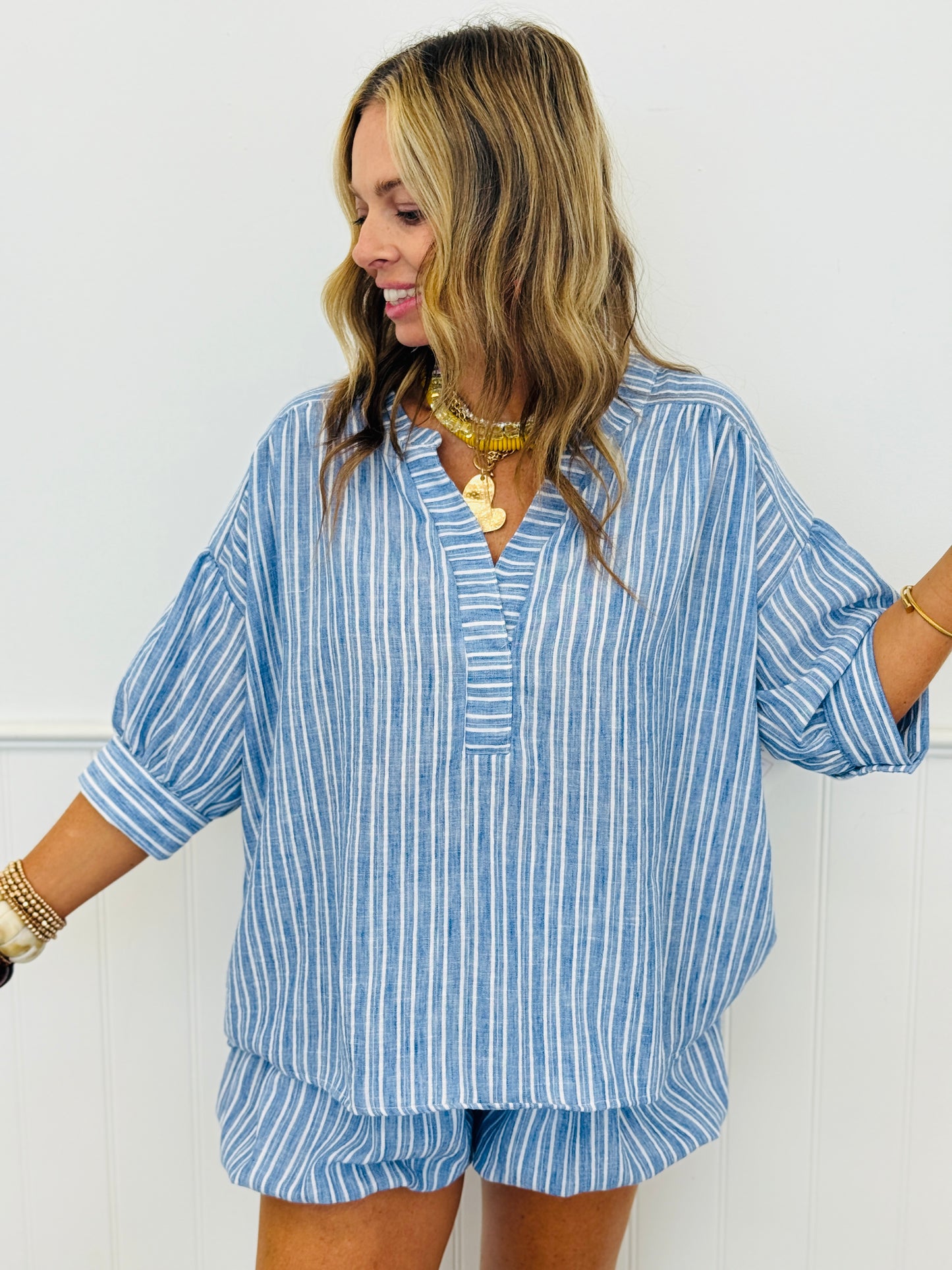 Lightweight Demin Striped Shorts Set (Reg. and Plus)