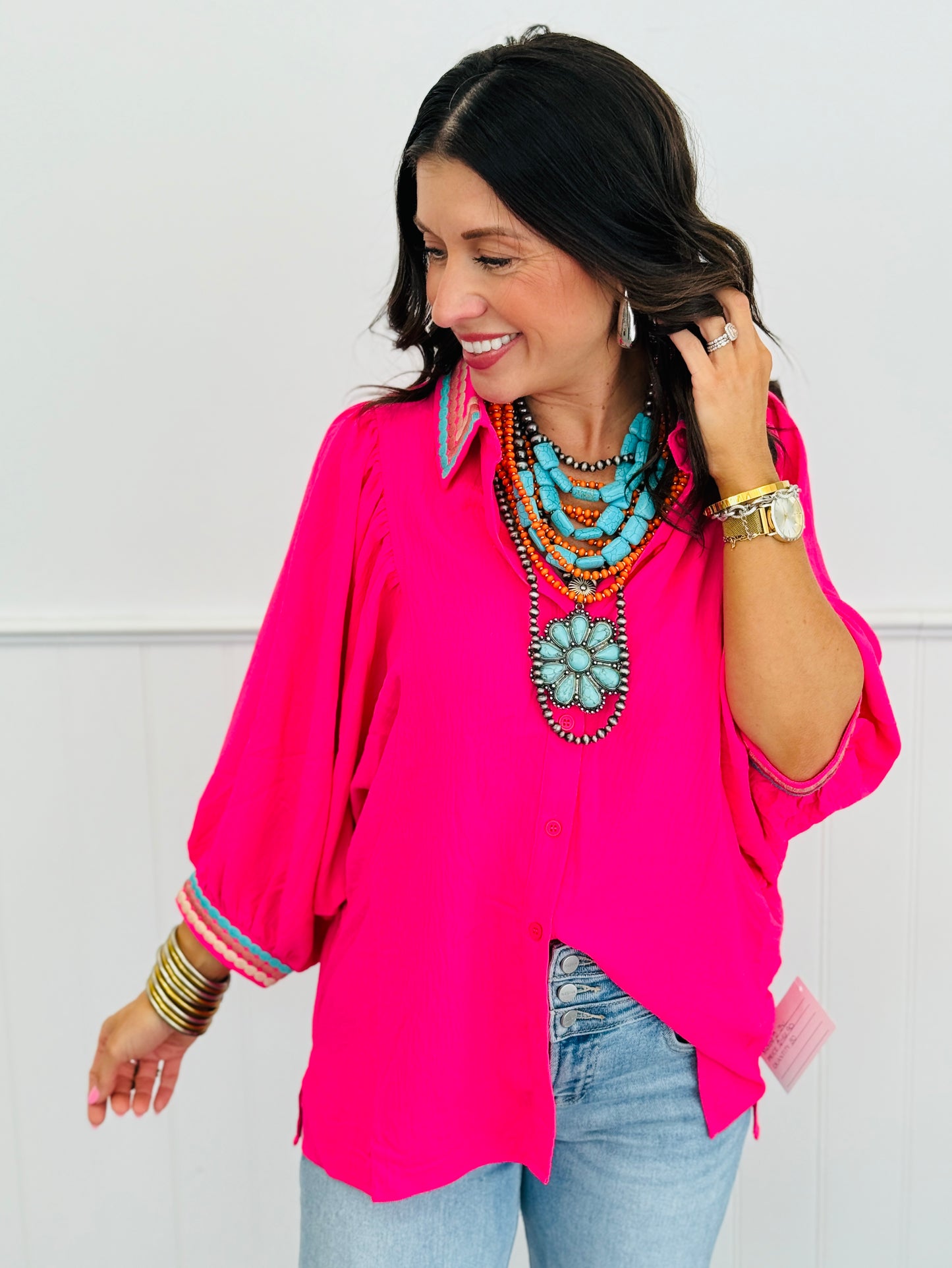 Electric Fuchsia Embroidered Trim Blouse (Reg & Plus)