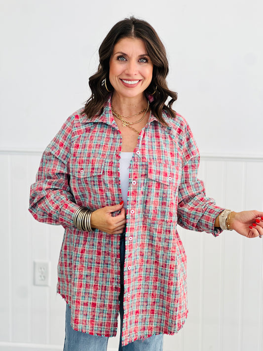 Strawberry Plaid Button Down Shirt (Reg & Plus)