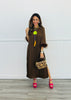Brown Satin Fur Trim Midi Dress (Reg.)