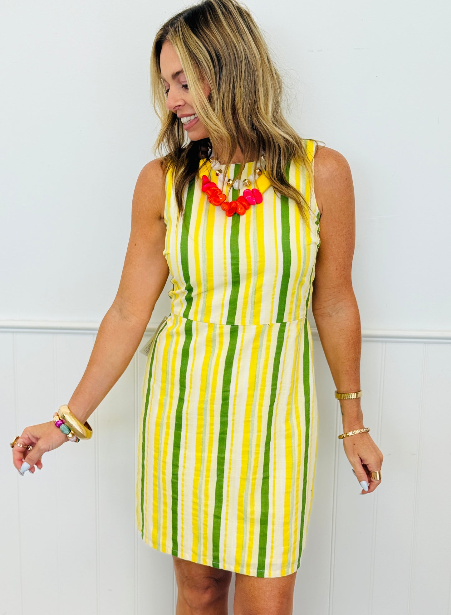 Cream/Lemon Stripe Back Bow Tie Mini Dress (Reg.)