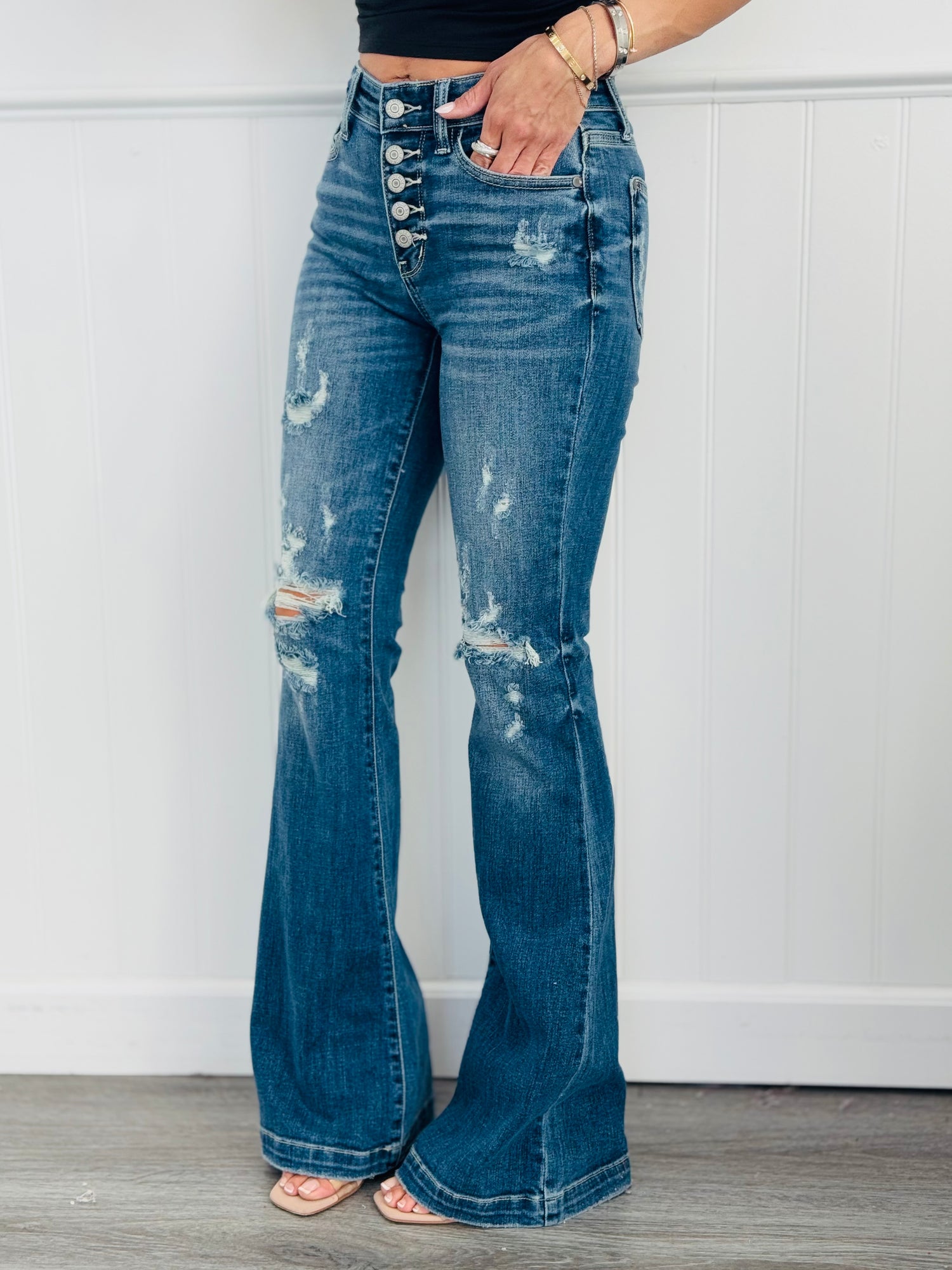 thumbnail image 2 of Megan Mid Rise Tinted Pin Tack Detail Flare Jeans – Judy Blue 2 of 10