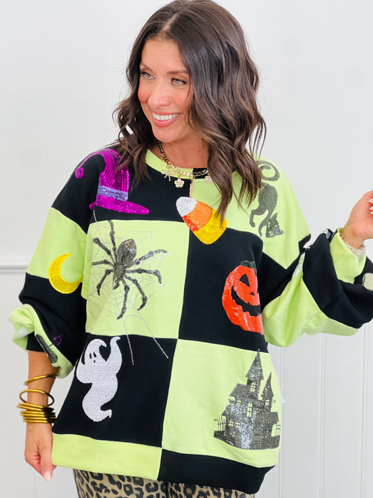 Queen Of Sparkles Green & Black Checkered Halloween Icon Sweatshirt (Reg. and Plus)
