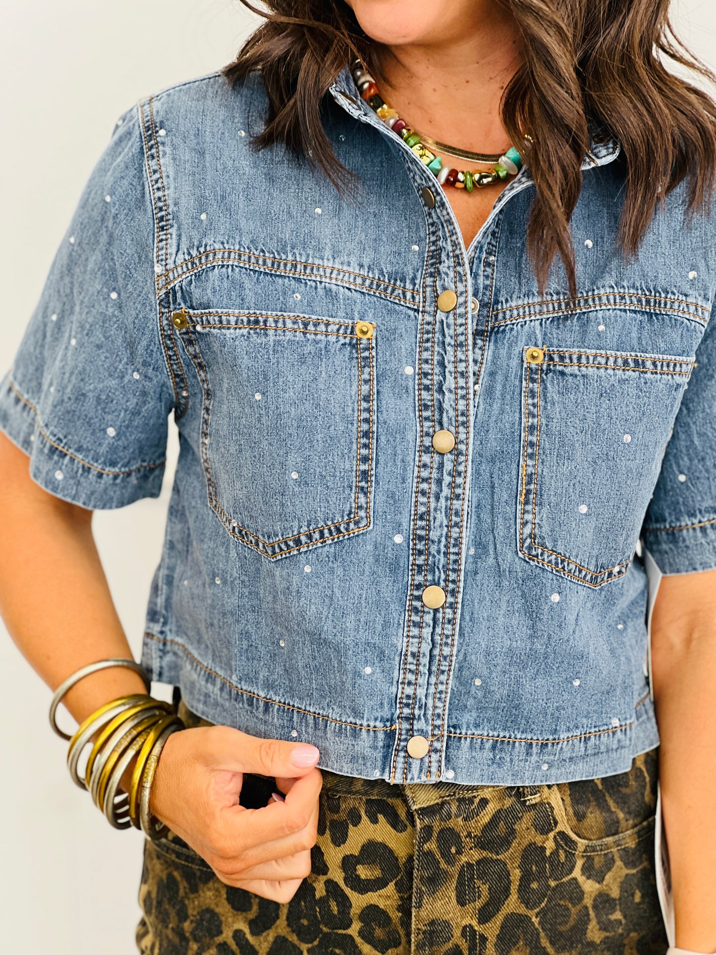 Denim Blue Rhinestone Button Up Top (Reg. and Plus)